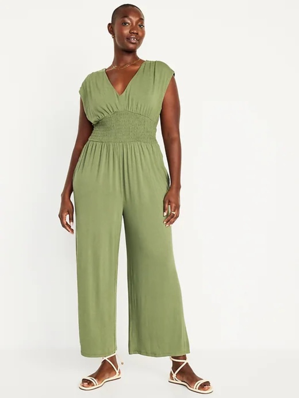 Old Navy Olive Green V-Neck Jumpsuit with Smocked Waist